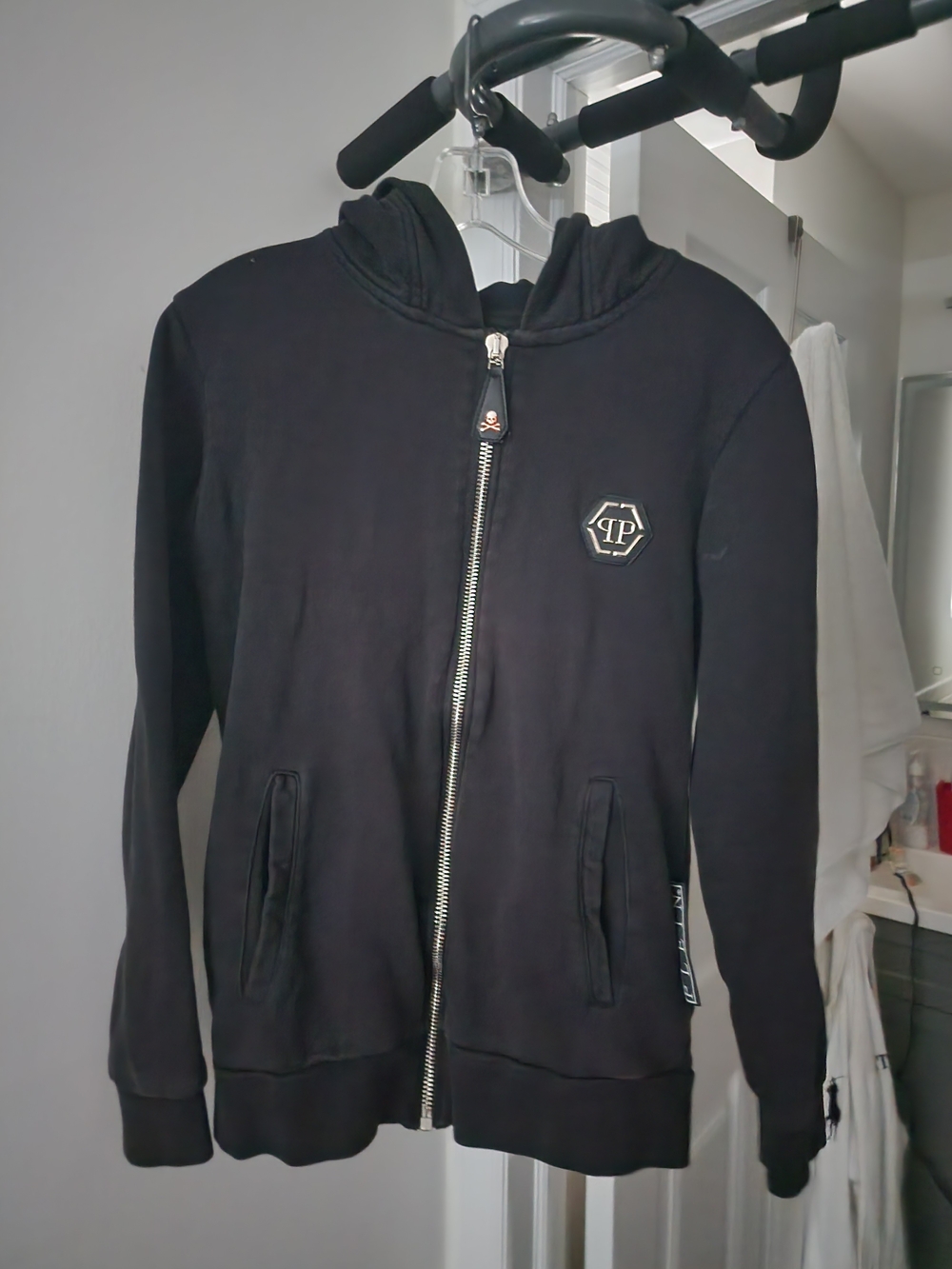 Authentic Philipp Plein Thick Black Zip-Up Hoodie with Hexagon Logo. S